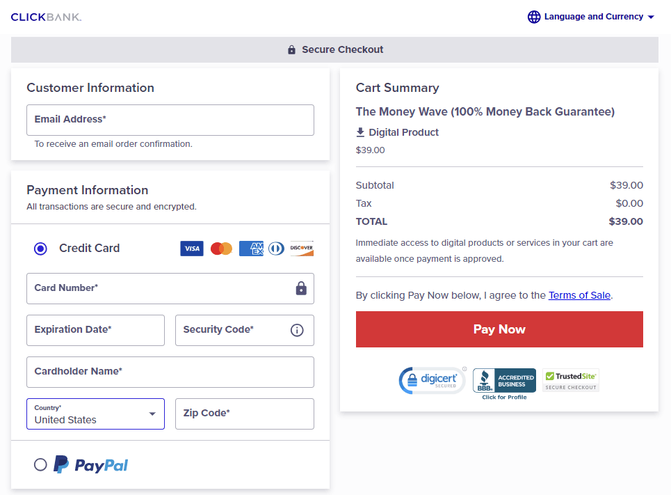 The MoneyWave Checkout Page